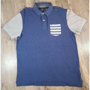 Tommy Hilfiger Striped Pocket Polo Shirt Navy Blue/Grey Custom Fit Size XL